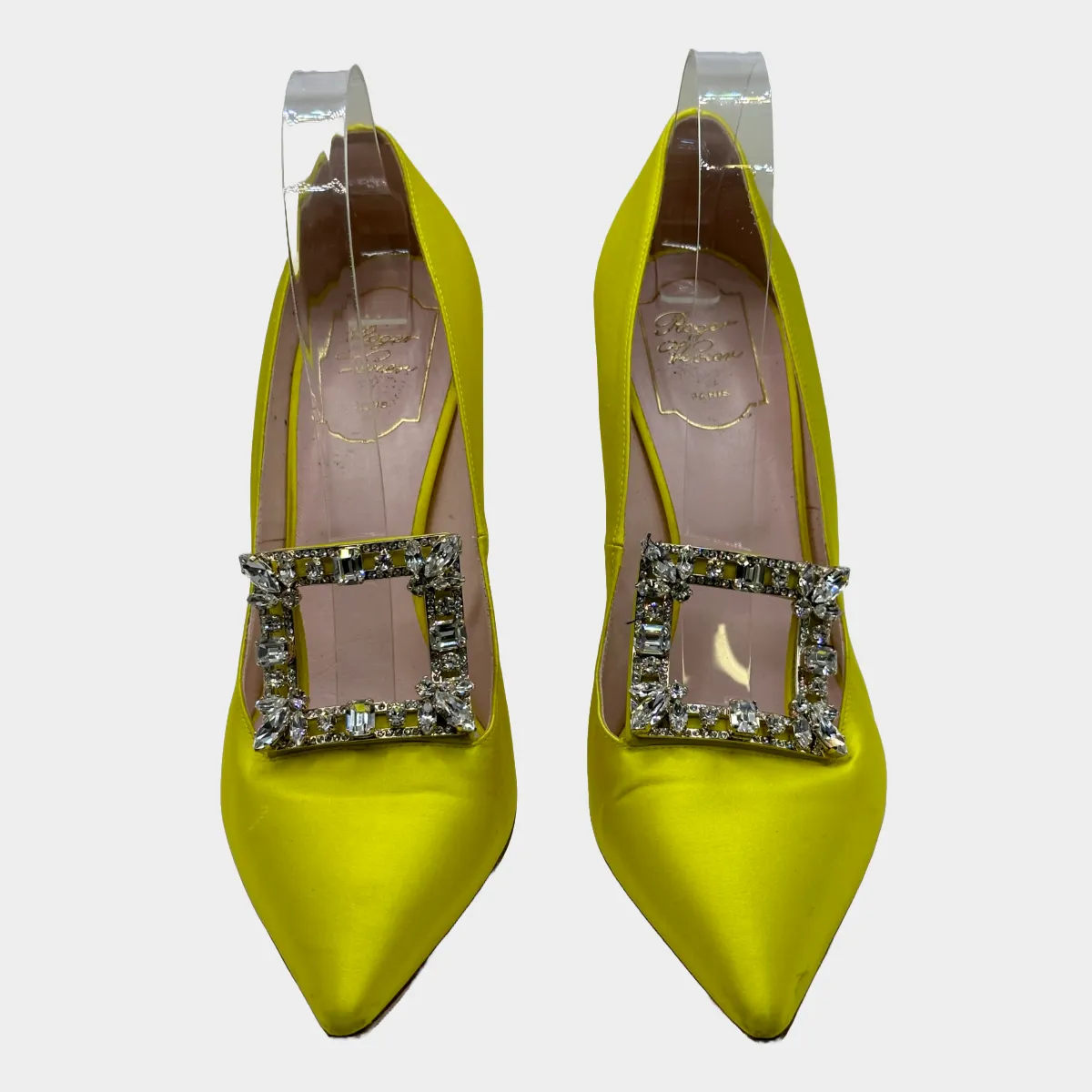Roger Vivier women's yellow satin pumps with crystal buckles