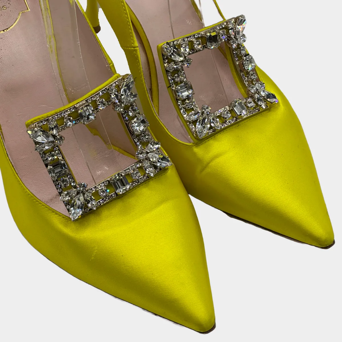 Roger Vivier women's yellow satin pumps with crystal buckles