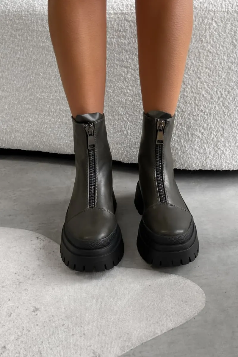 RUCTION Chunky Zip Front Ankle Boots - Khaki PU