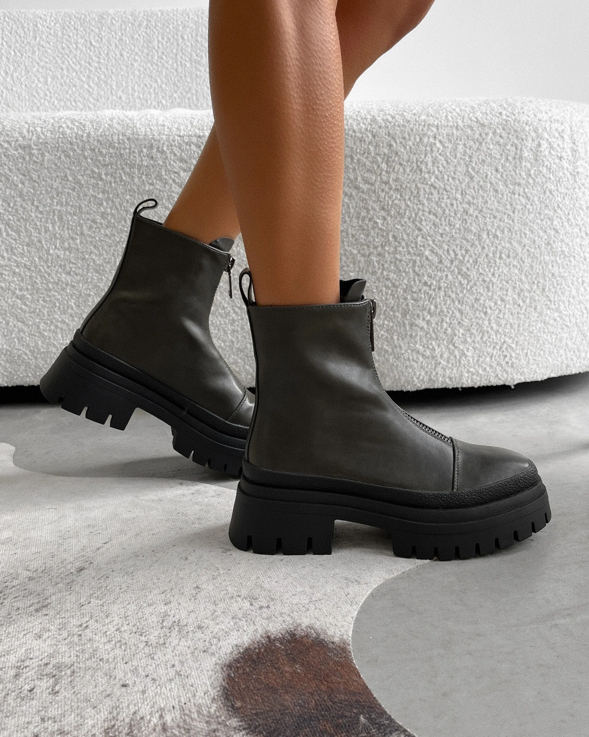RUCTION Chunky Zip Front Ankle Boots - Khaki PU