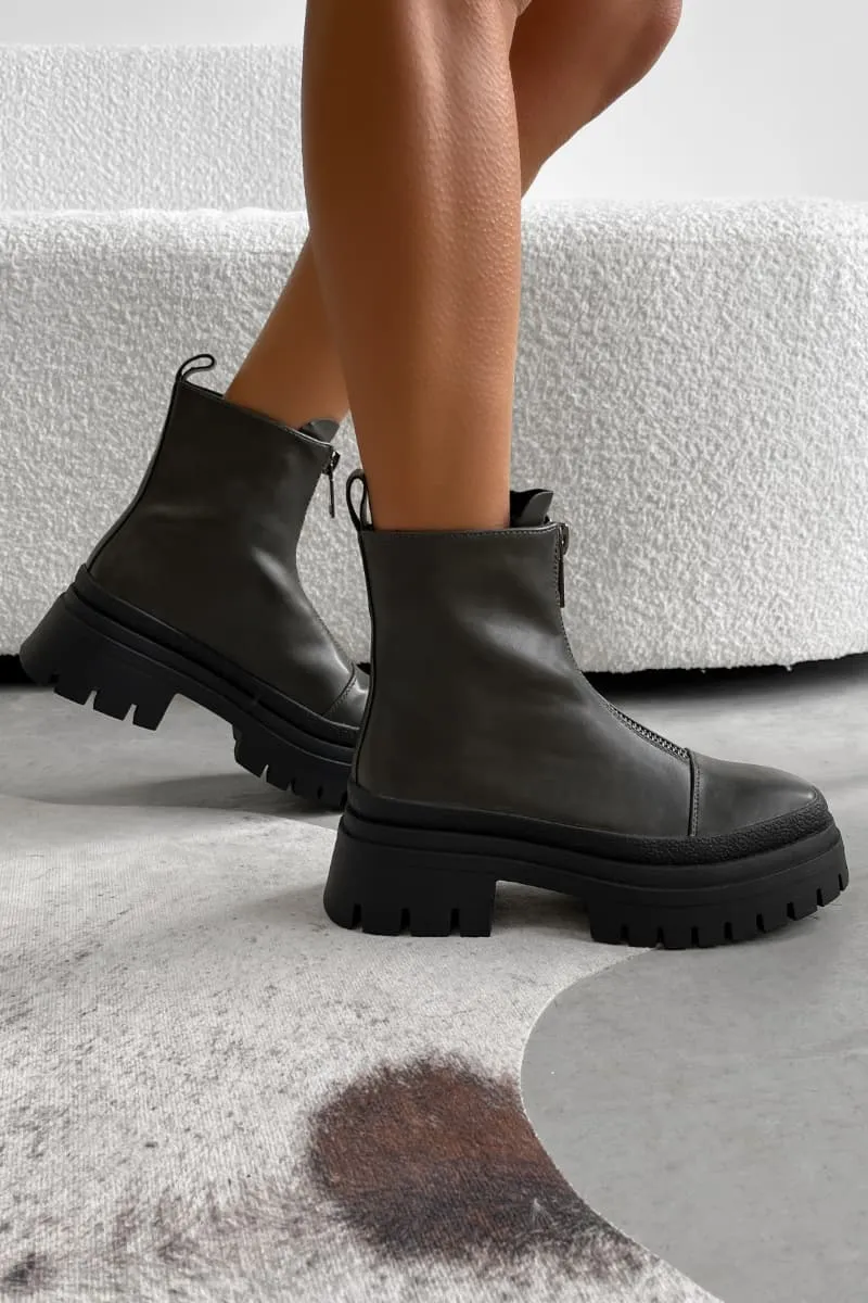 RUCTION Chunky Zip Front Ankle Boots - Khaki PU