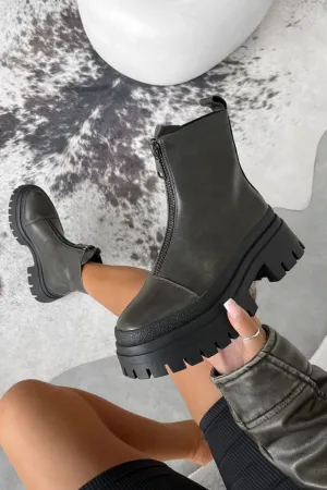 RUCTION Chunky Zip Front Ankle Boots - Khaki PU