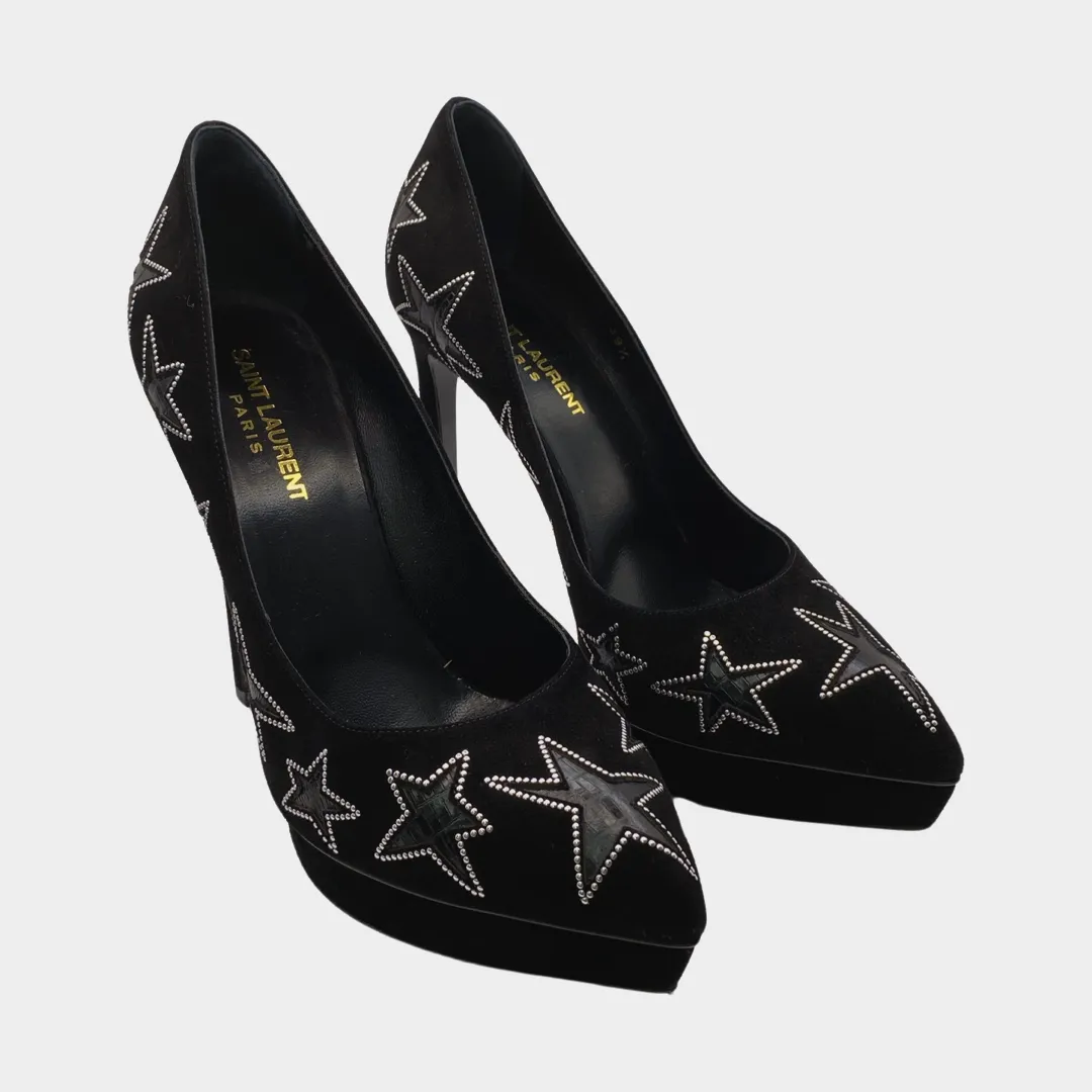Saint Laurent black velvet star studded platform heels