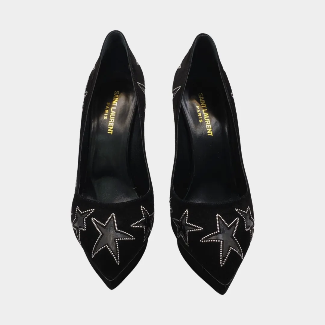 Saint Laurent black velvet star studded platform heels