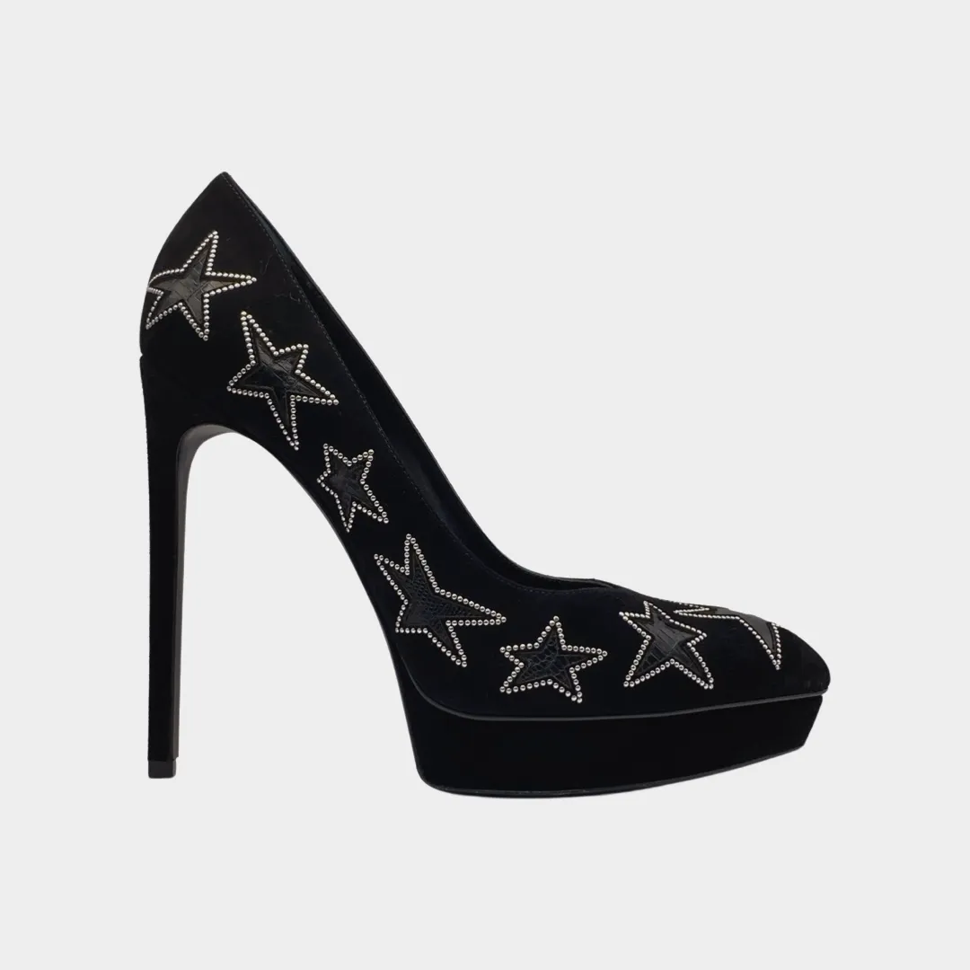 Saint Laurent black velvet star studded platform heels
