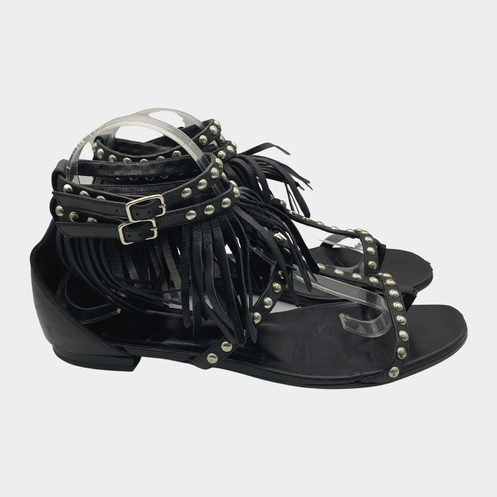 Saint Laurent women's black leather fringe gladiator sandals