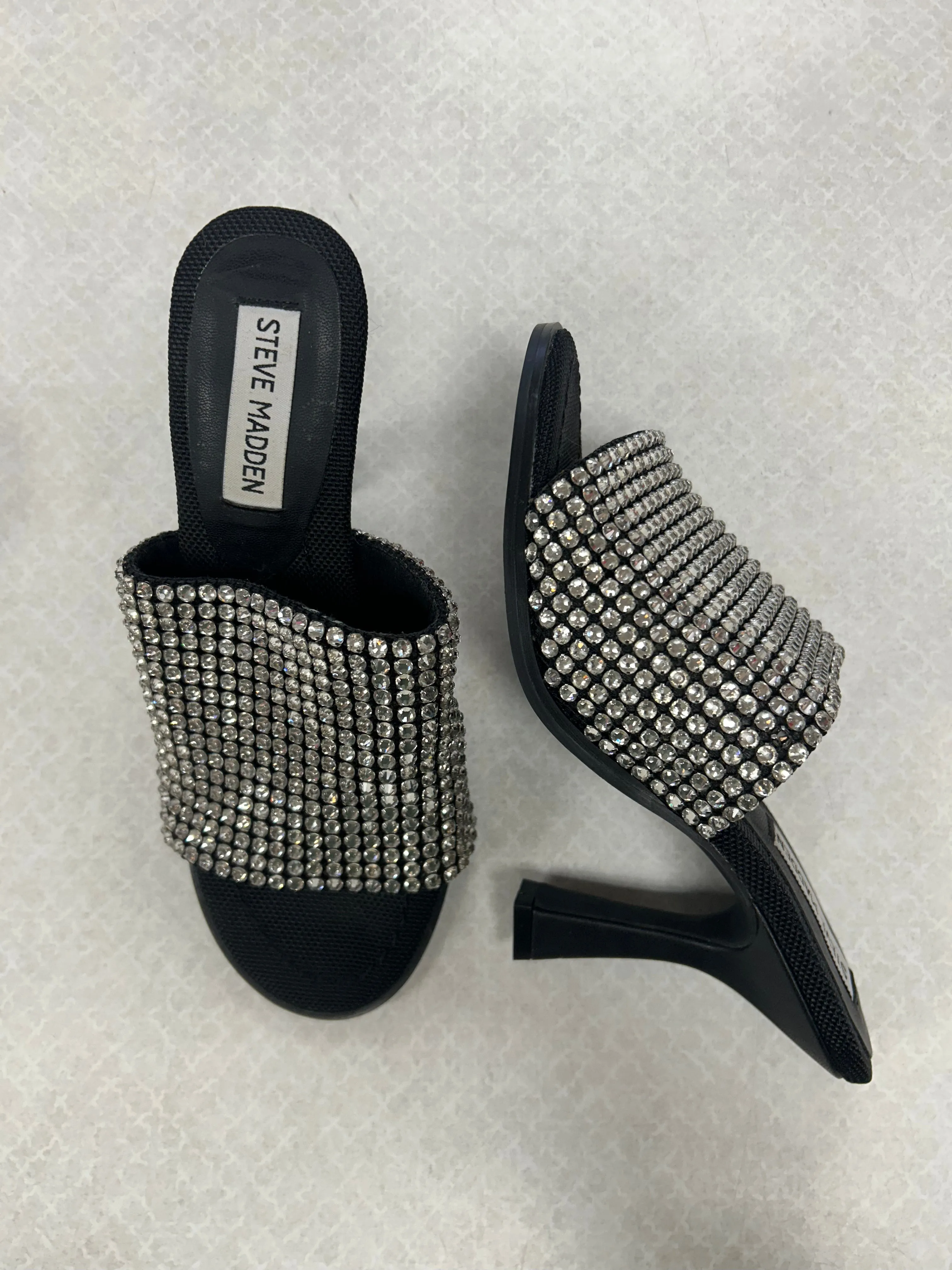Sandals Heels Kitten By Steve Madden In Black & Silver, Size:6
