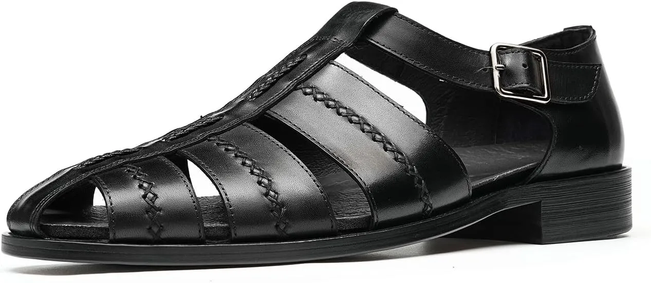 Santimon Men's Leather Sandals, Braided Strap Design with Adjustable Buckle, Comfortable and Stylish Closed-Toe Summer Casual Shoes