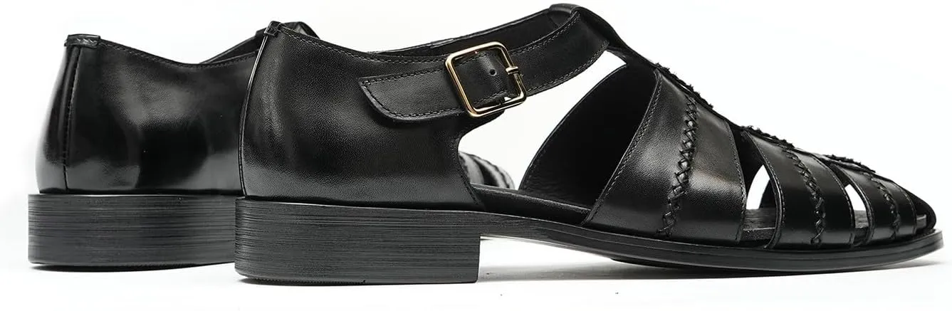 Santimon Men's Leather Sandals, Braided Strap Design with Adjustable Buckle, Comfortable and Stylish Closed-Toe Summer Casual Shoes