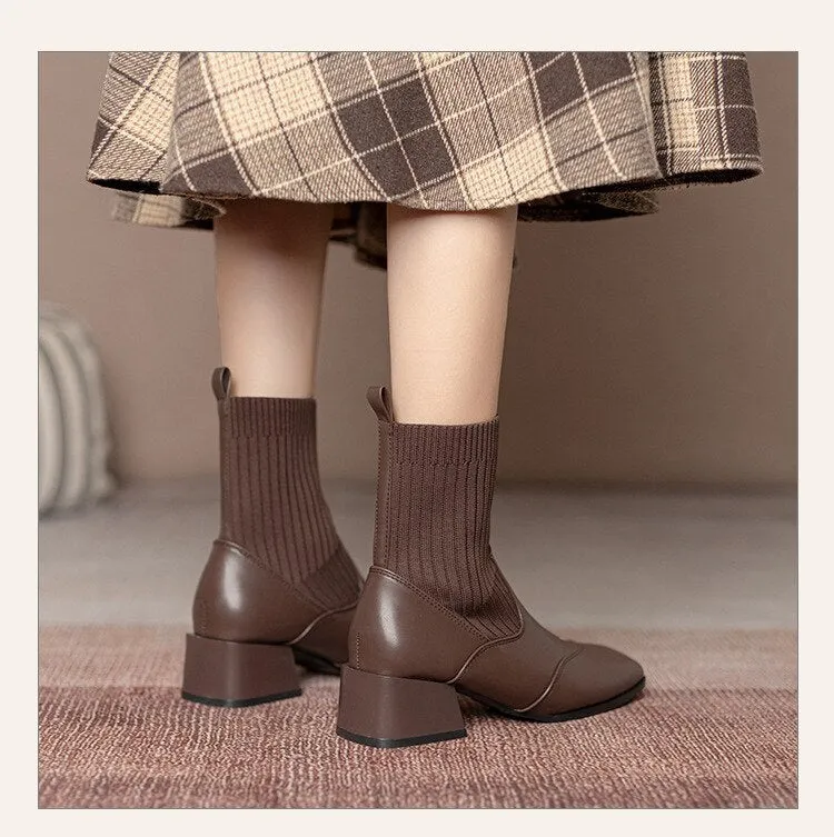 sealbeer Autumn Winter New Ankle Socks Shoes Women Fashion Large Size  Knitted Short Boots Women Slip On High Heels