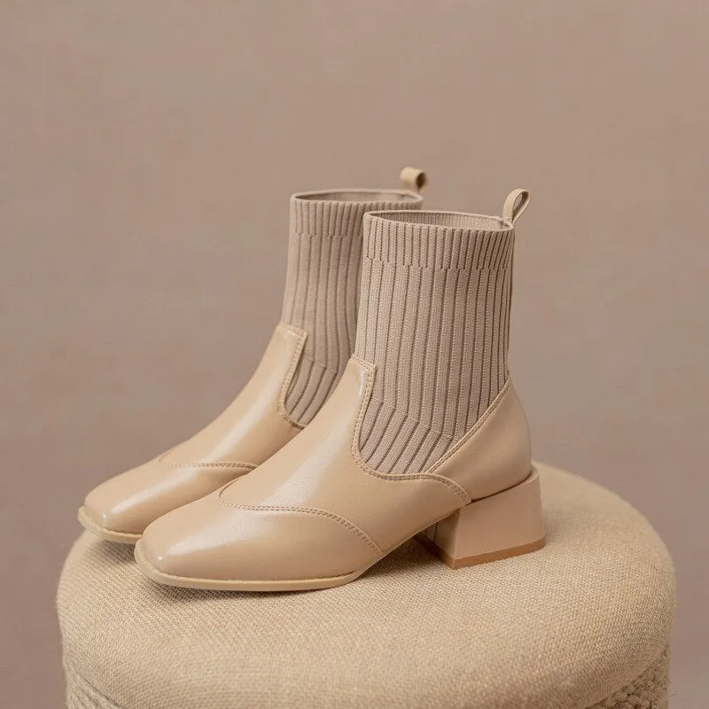 sealbeer Autumn Winter New Ankle Socks Shoes Women Fashion Large Size  Knitted Short Boots Women Slip On High Heels