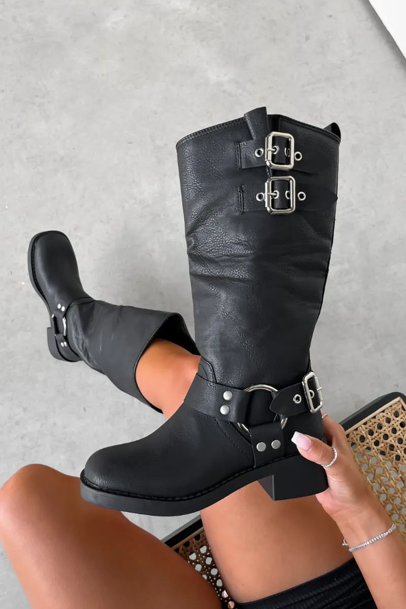 SEATTLE Chunky Buckle Biker Boots - Black PU