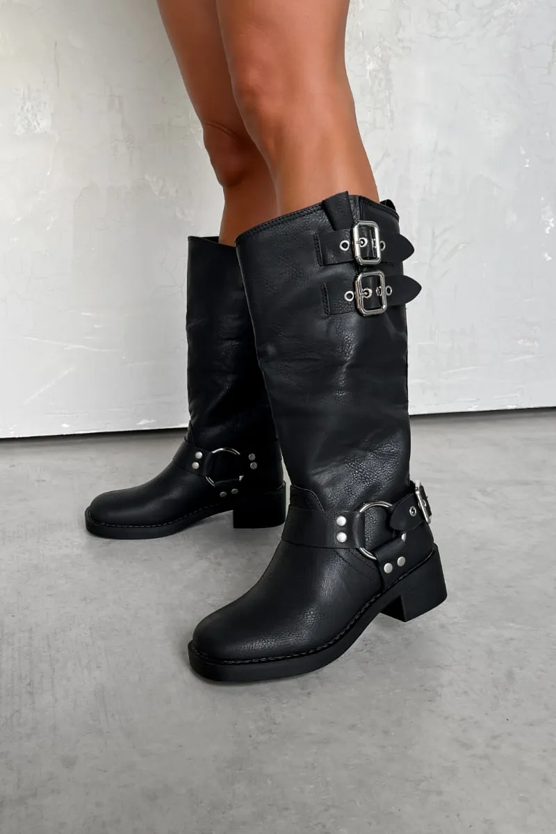 SEATTLE Chunky Buckle Biker Boots - Black PU