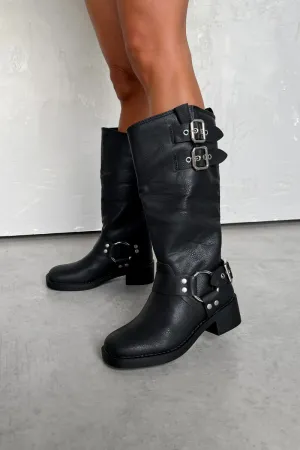 SEATTLE Chunky Buckle Biker Boots - Black PU