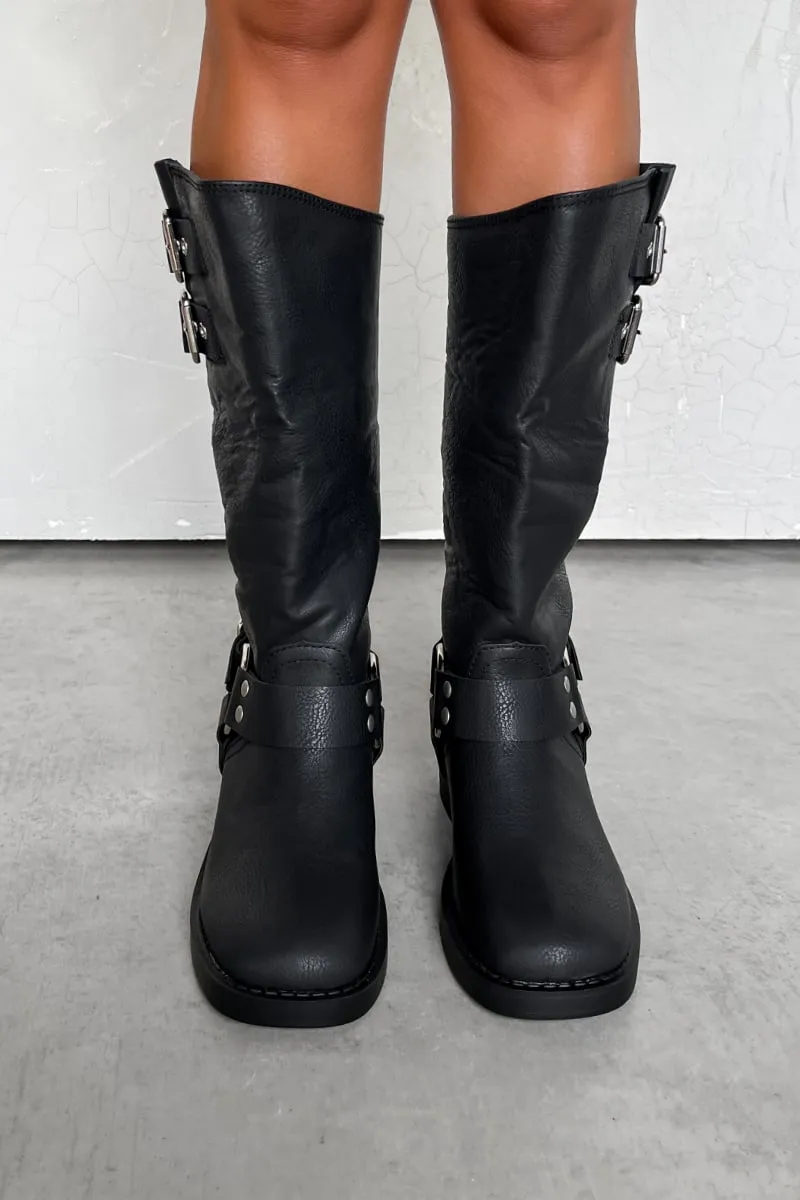 SEATTLE Chunky Buckle Biker Boots - Black PU