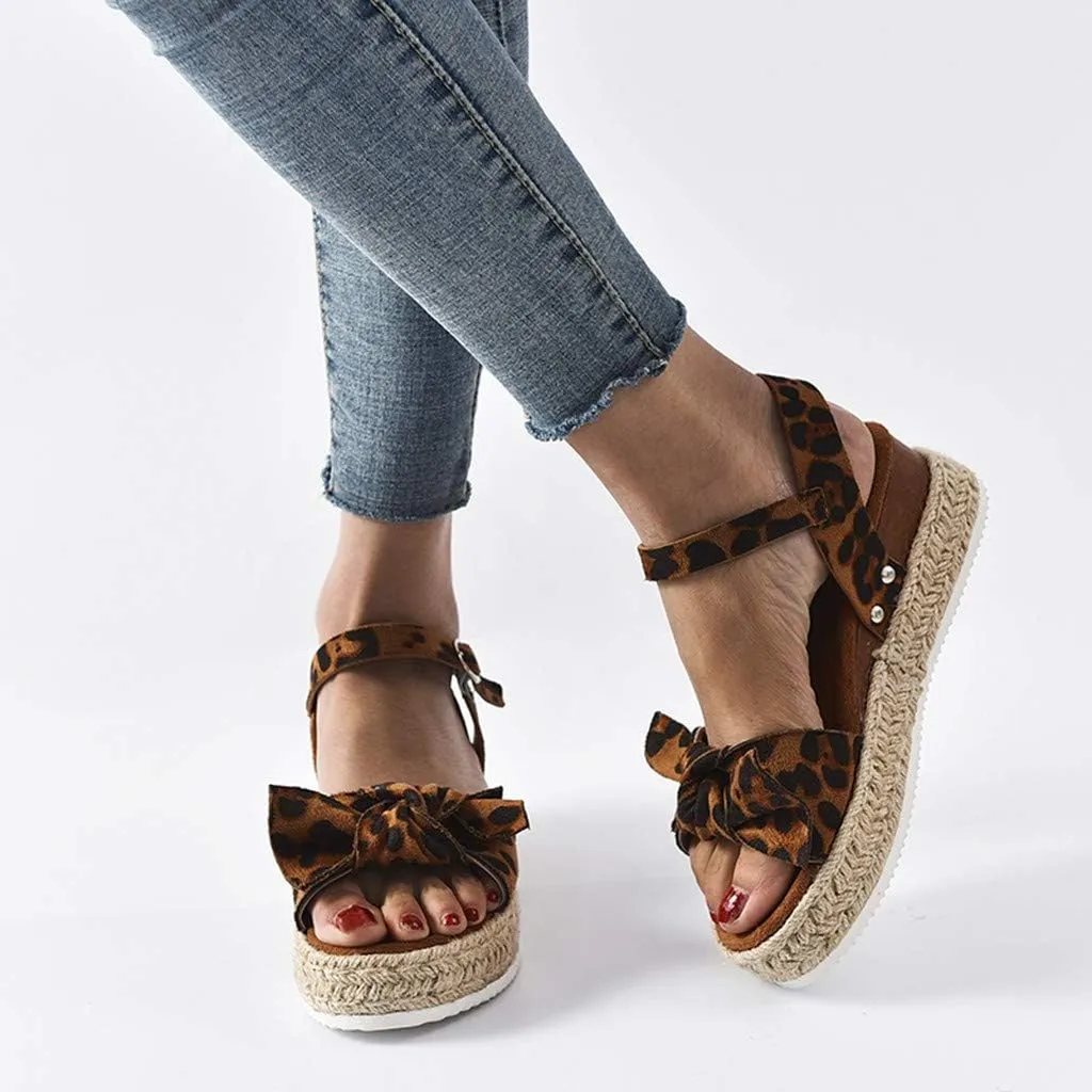Shoes Open Toe Flower Women's Ladies Fashion Solid Leopard Wedges Bowknot Sandals Casual Shoes