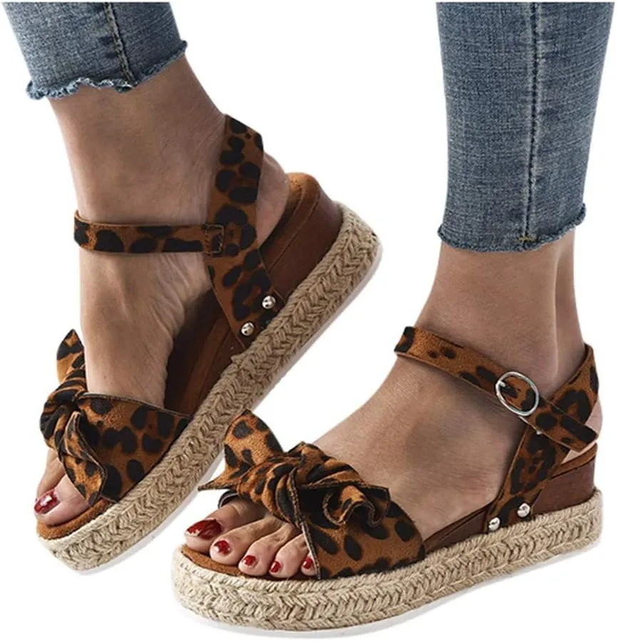 Shoes Open Toe Flower Women's Ladies Fashion Solid Leopard Wedges Bowknot Sandals Casual Shoes