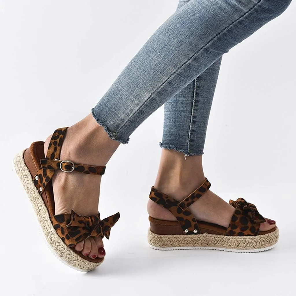 Shoes Open Toe Flower Women's Ladies Fashion Solid Leopard Wedges Bowknot Sandals Casual Shoes