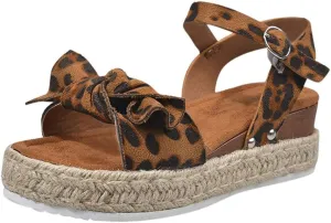 Shoes Open Toe Flower Women's Ladies Fashion Solid Leopard Wedges Bowknot Sandals Casual Shoes