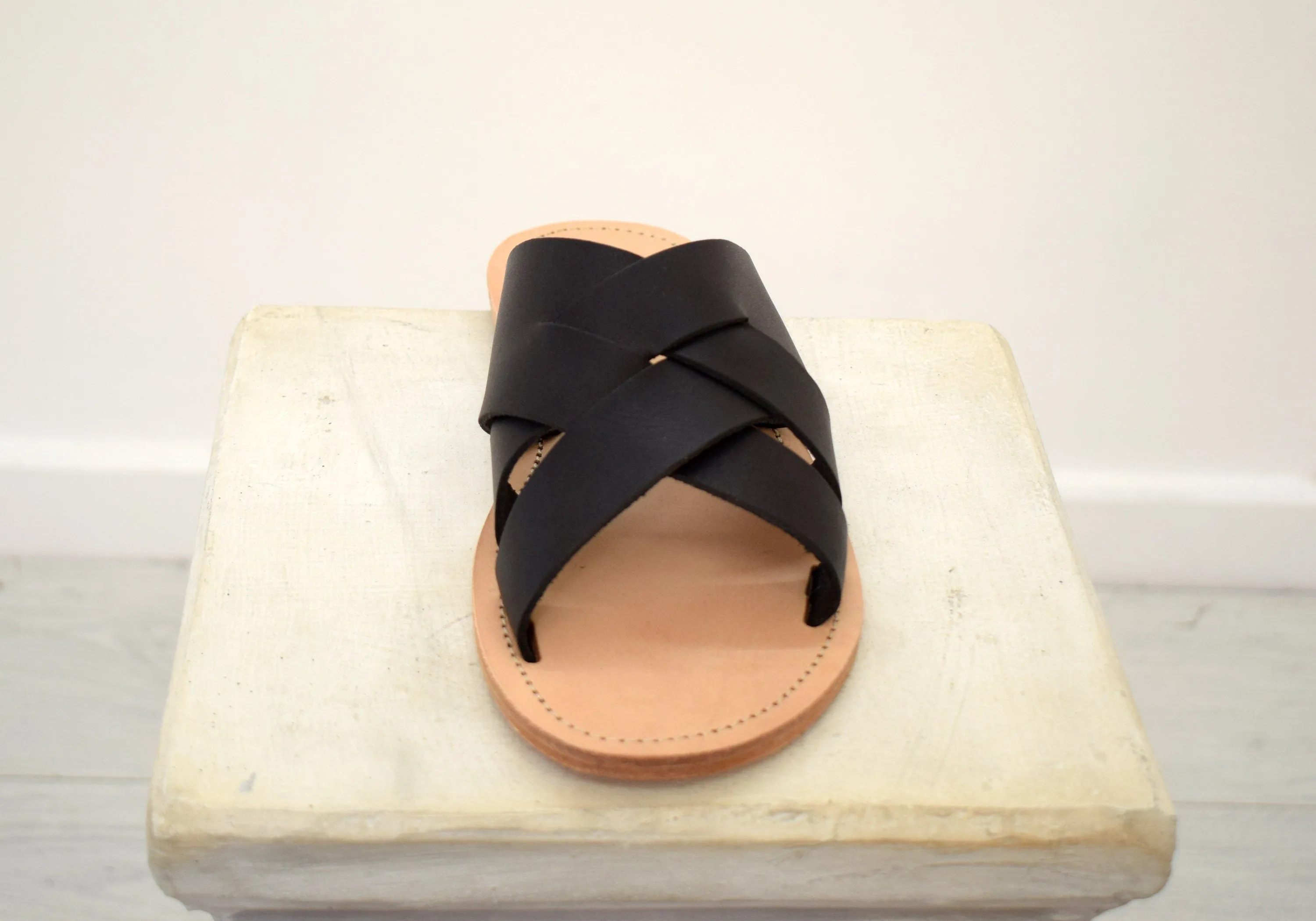 Slides men Greek Leather sandals, slipers Men, Black Color, leather sole - insole