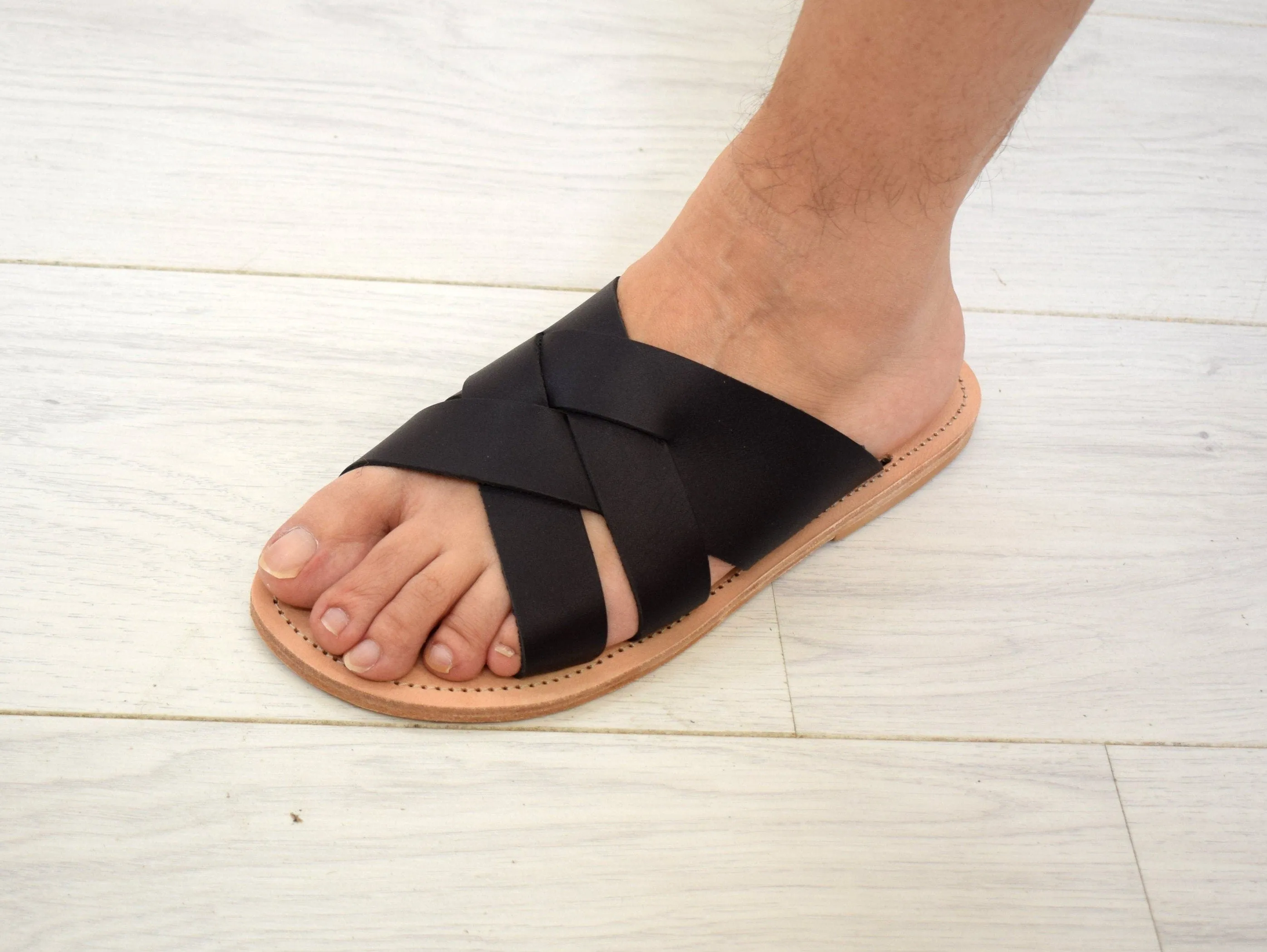 Slides men Greek Leather sandals, slipers Men, Black Color, leather sole - insole
