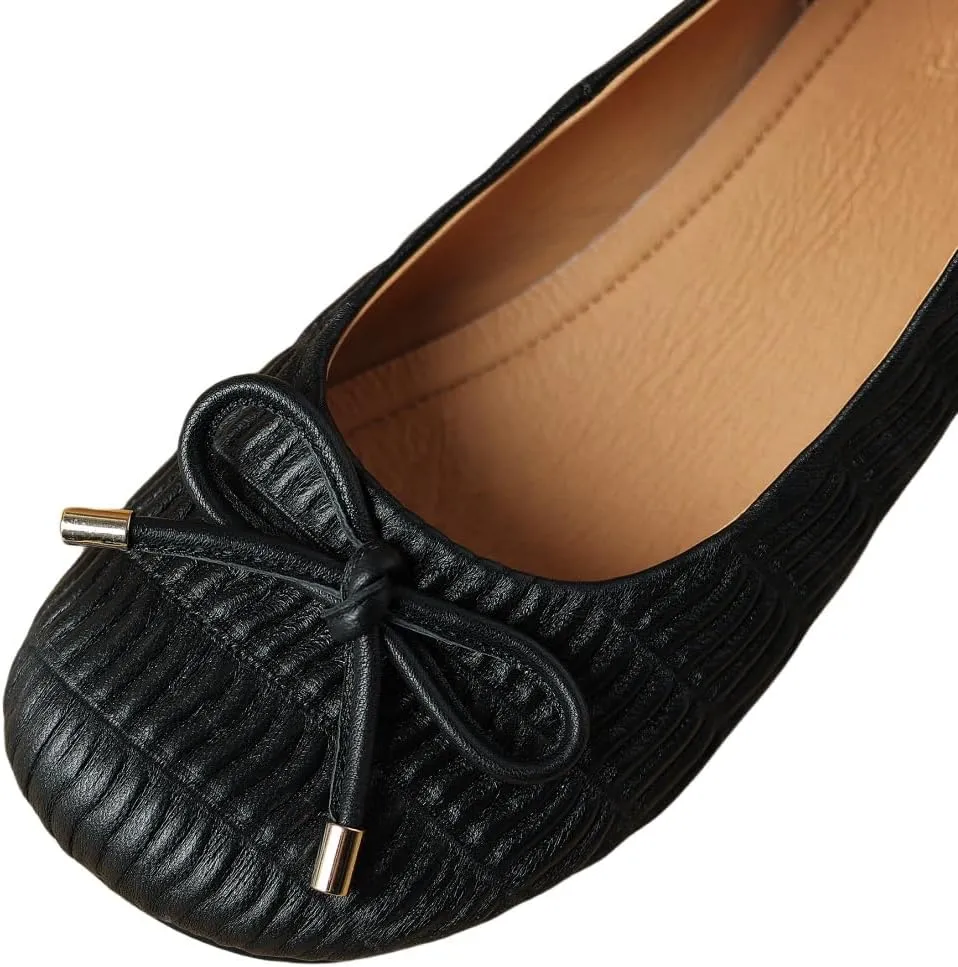 Soft Genuine Leather Women's Round Toe Handmade Bowknot Low Heels Casual Loafers Shoes