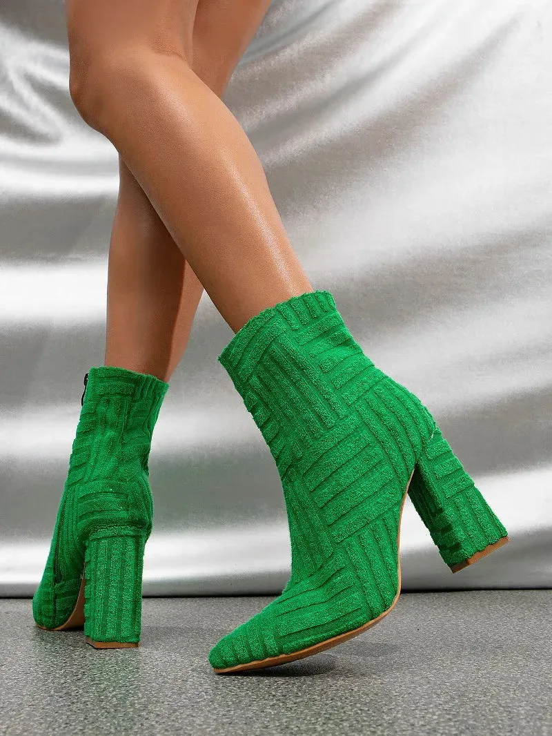Sohiwoo New Women's Boots Autumn Ladies Ankle Boots Green Pointed Toe Roman Boots Denim Sexy Square Heel Side Zipper Boots