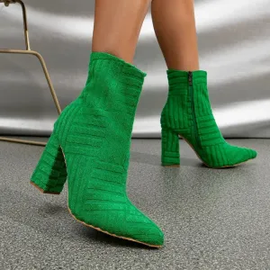 Sohiwoo New Women's Boots Autumn Ladies Ankle Boots Green Pointed Toe Roman Boots Denim Sexy Square Heel Side Zipper Boots