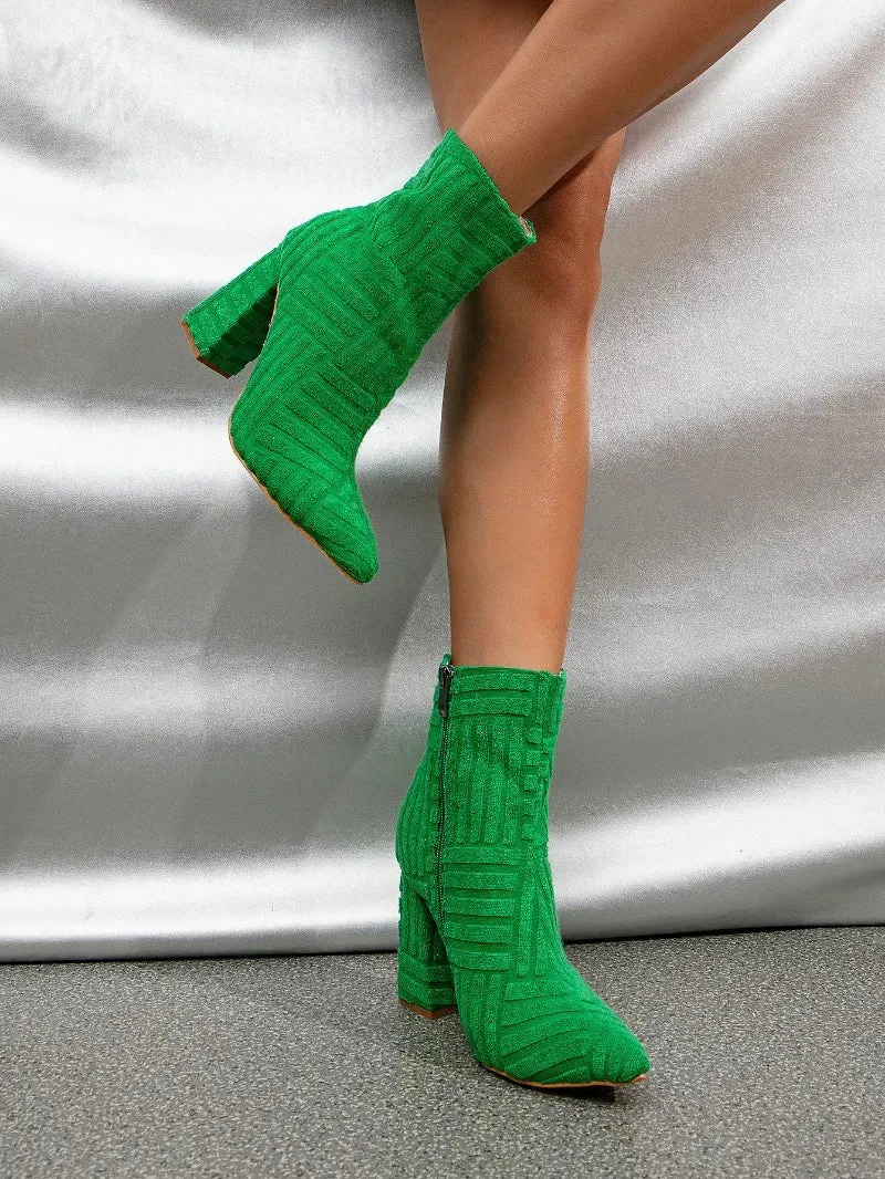 Sohiwoo New Women's Boots Autumn Ladies Ankle Boots Green Pointed Toe Roman Boots Denim Sexy Square Heel Side Zipper Boots