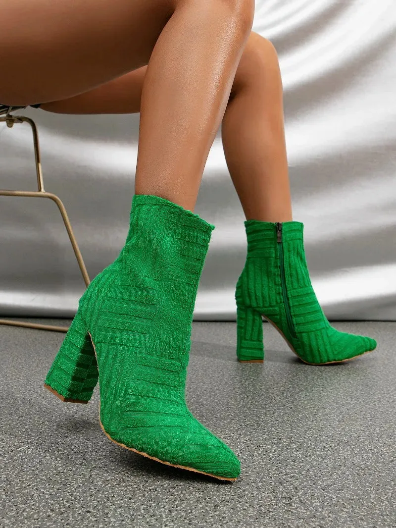 Sohiwoo New Women's Boots Autumn Ladies Ankle Boots Green Pointed Toe Roman Boots Denim Sexy Square Heel Side Zipper Boots