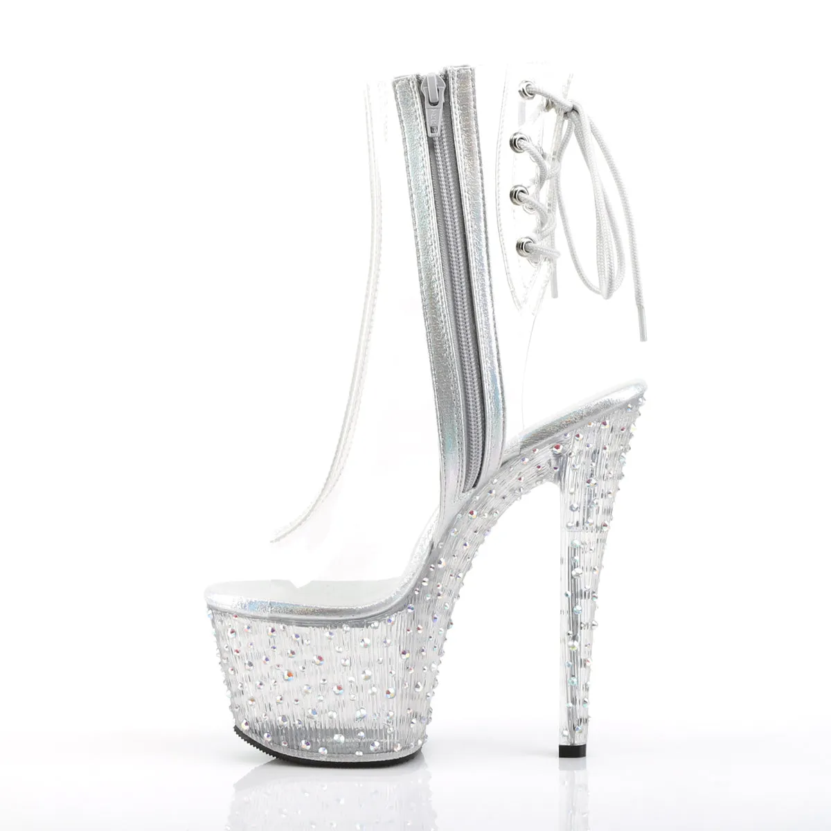 STARDANCE-1018C-7 7" Heel Clear Silver Bling Pole Dancer Platform Ankle Boots