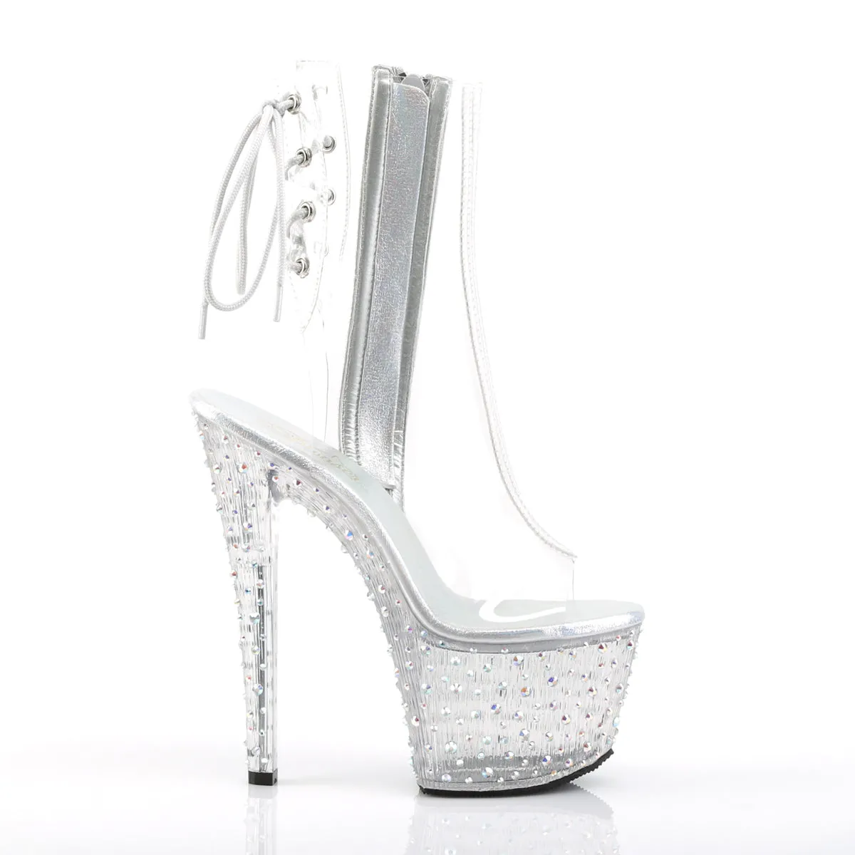 STARDANCE-1018C-7 7" Heel Clear Silver Bling Pole Dancer Platform Ankle Boots