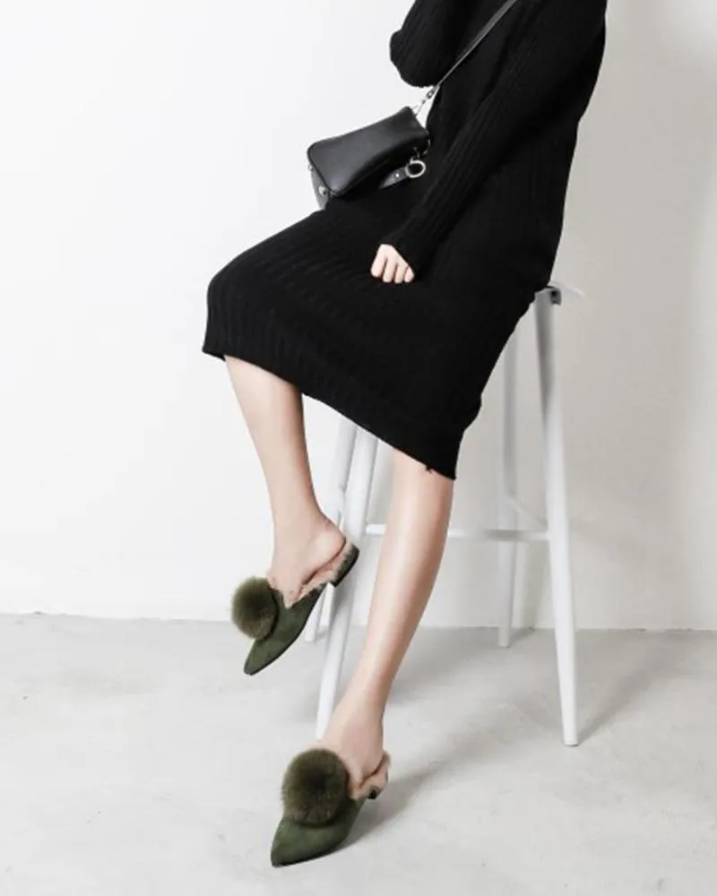 Suede Pointed Toe Backless Pompom Slippers Mules