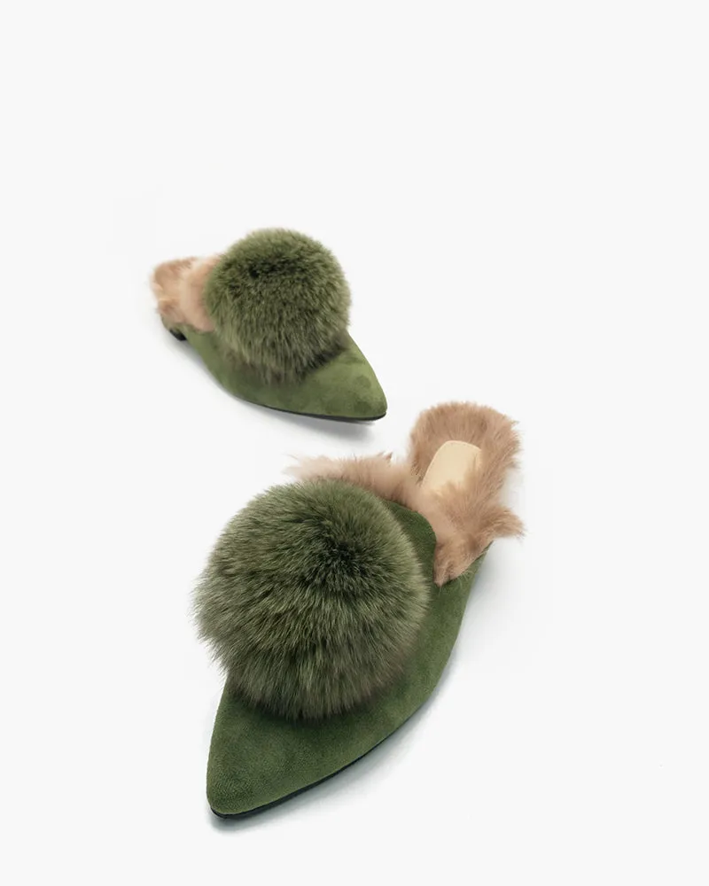 Suede Pointed Toe Backless Pompom Slippers Mules