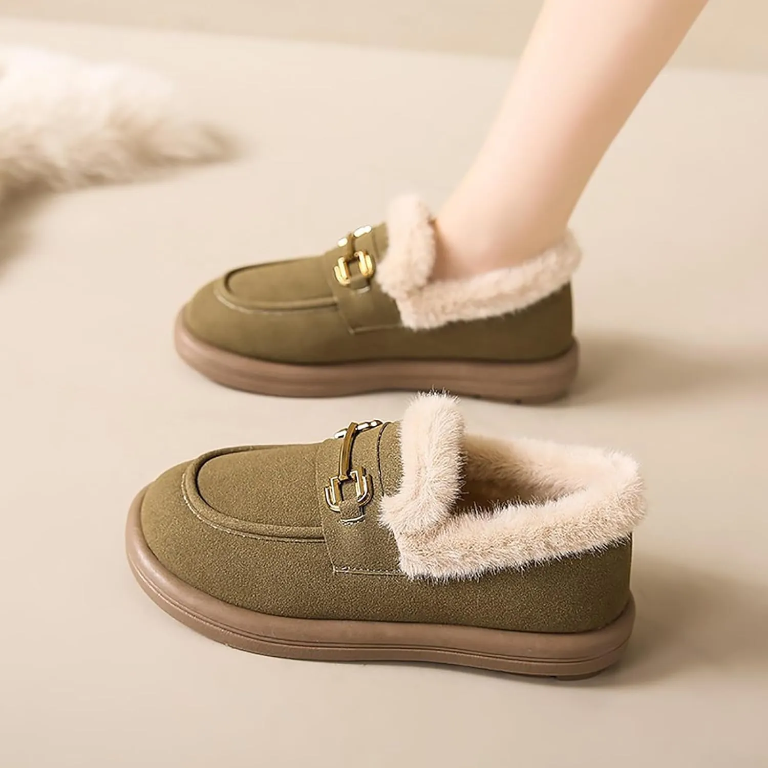 Sunporx Women's Moccasins Loafers Warm Plush Lining Moccasins Flat Driving Shoes Round Toe Comfortable Business Casual Work Shoes