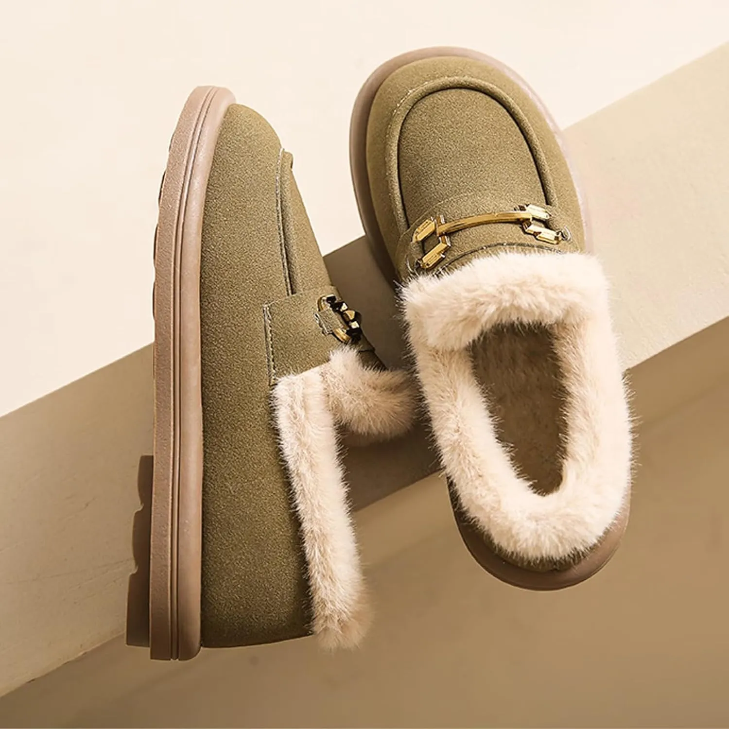 Sunporx Women's Moccasins Loafers Warm Plush Lining Moccasins Flat Driving Shoes Round Toe Comfortable Business Casual Work Shoes