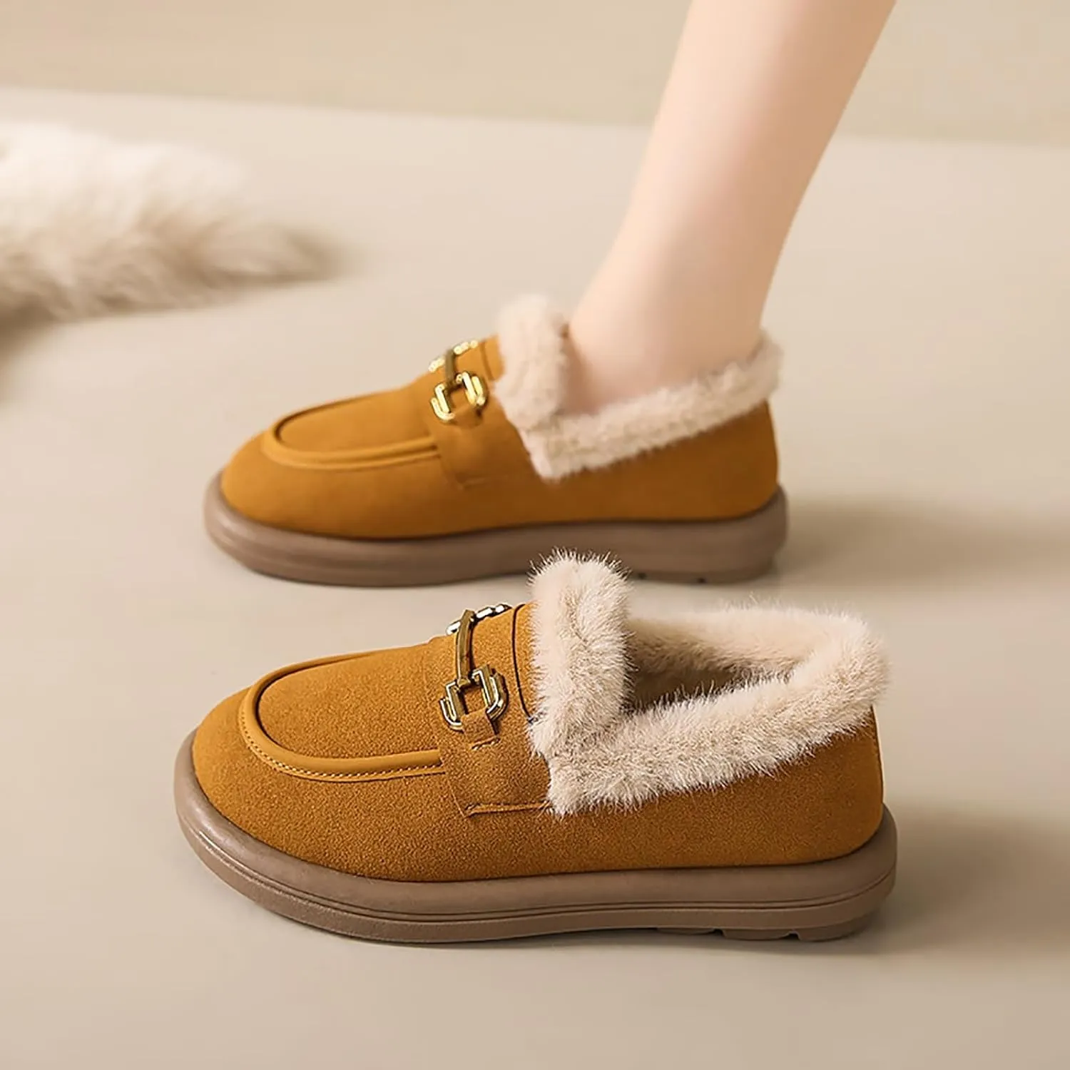 Sunporx Women's Moccasins Loafers Warm Plush Lining Moccasins Flat Driving Shoes Round Toe Comfortable Business Casual Work Shoes