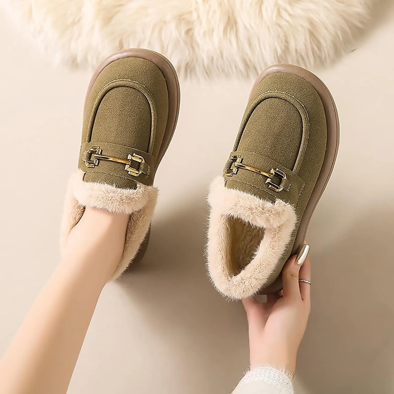 Sunporx Women's Moccasins Loafers Warm Plush Lining Moccasins Flat Driving Shoes Round Toe Comfortable Business Casual Work Shoes