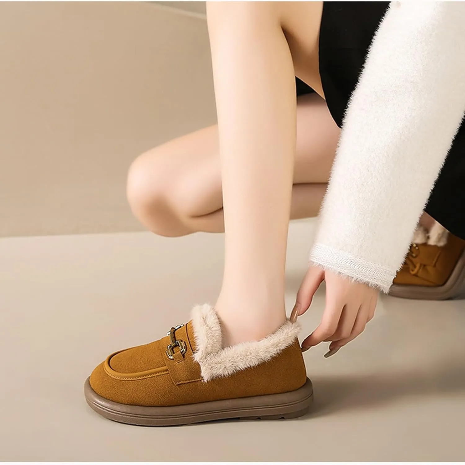 Sunporx Women's Moccasins Loafers Warm Plush Lining Moccasins Flat Driving Shoes Round Toe Comfortable Business Casual Work Shoes