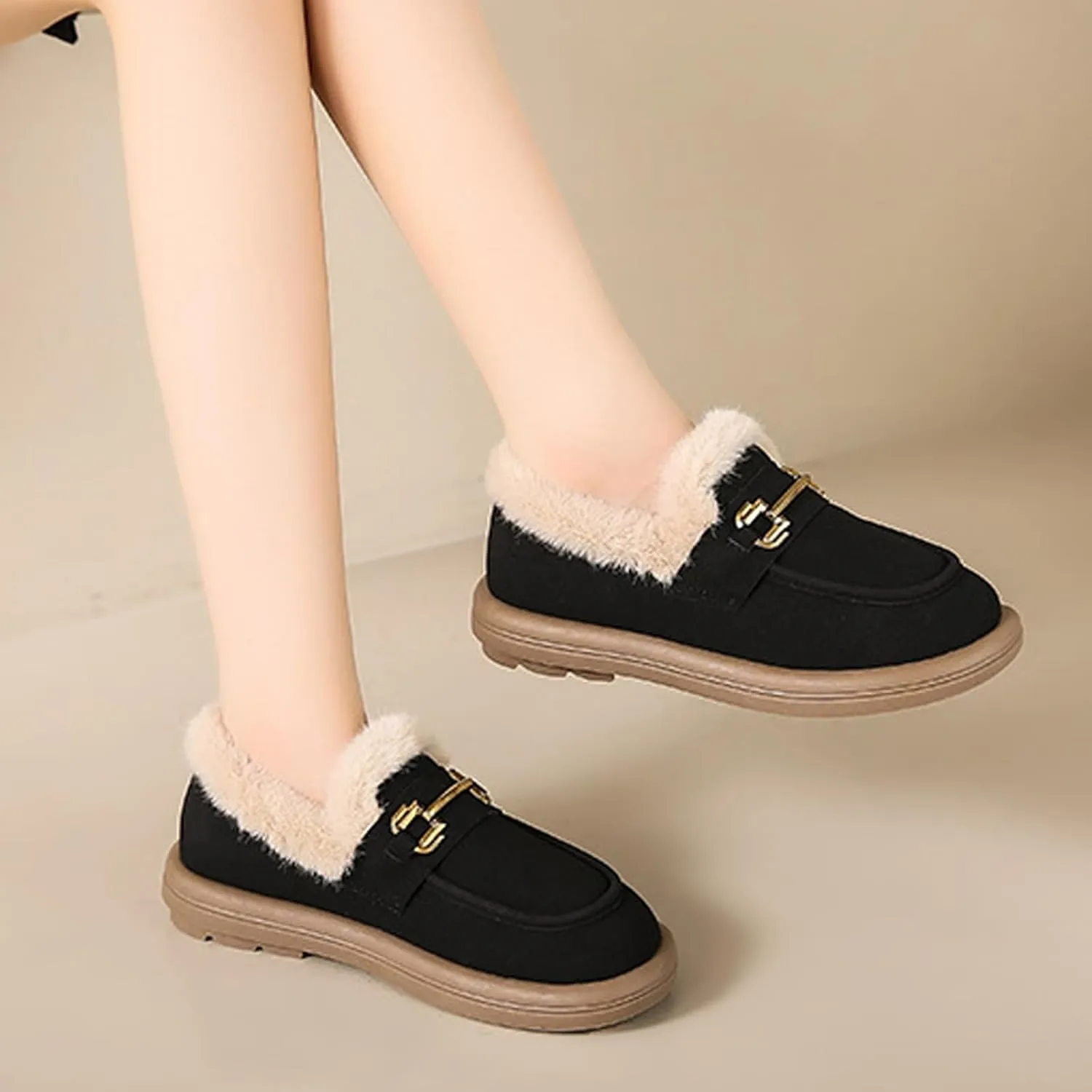 Sunporx Women's Moccasins Loafers Warm Plush Lining Moccasins Flat Driving Shoes Round Toe Comfortable Business Casual Work Shoes