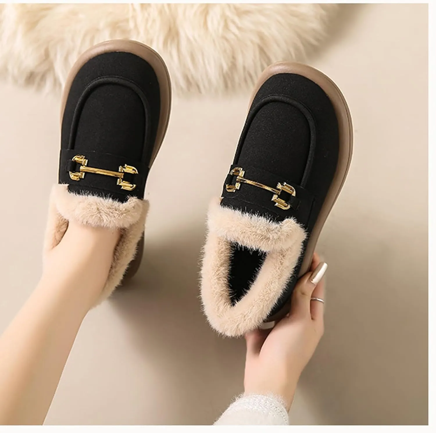Sunporx Women's Moccasins Loafers Warm Plush Lining Moccasins Flat Driving Shoes Round Toe Comfortable Business Casual Work Shoes