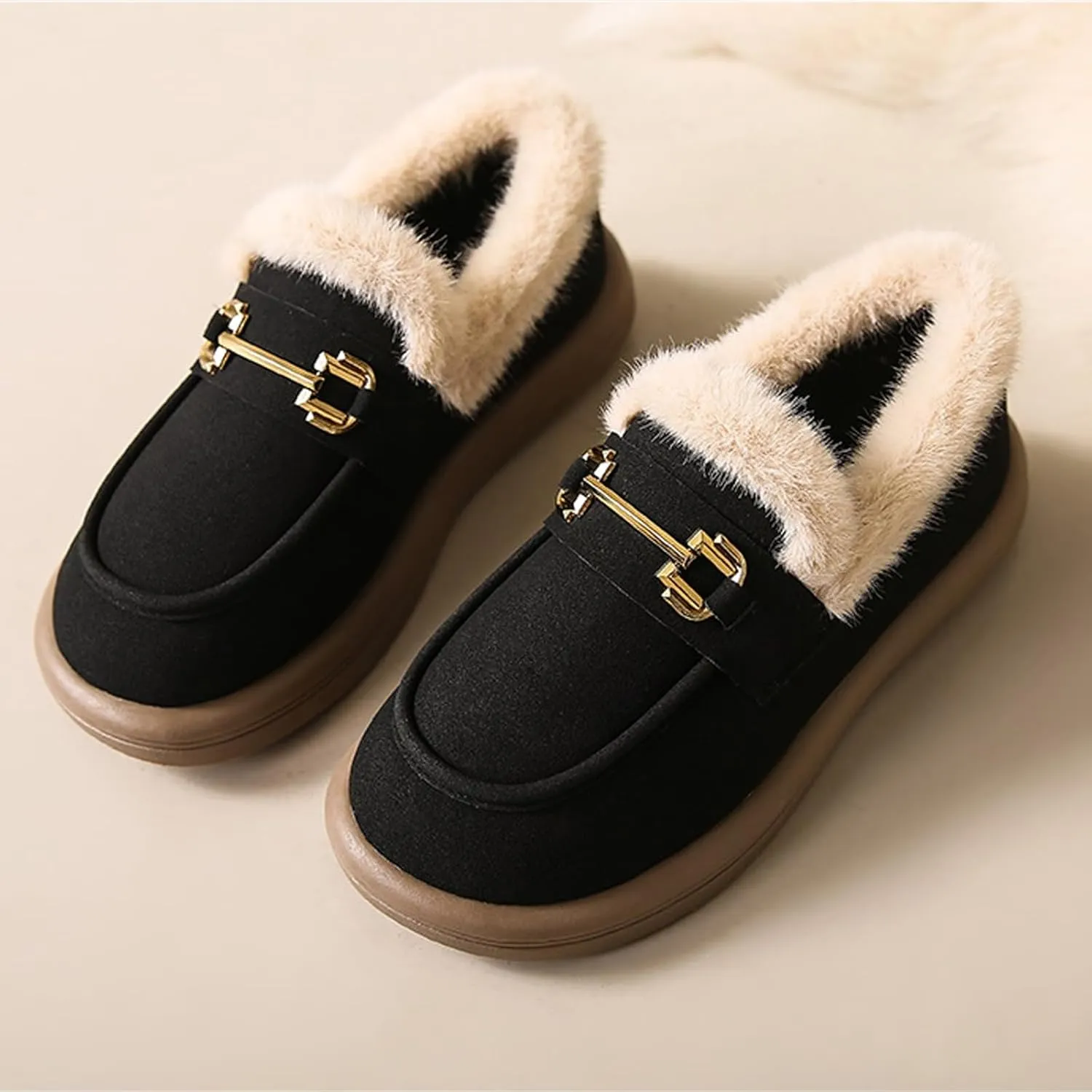 Sunporx Women's Moccasins Loafers Warm Plush Lining Moccasins Flat Driving Shoes Round Toe Comfortable Business Casual Work Shoes