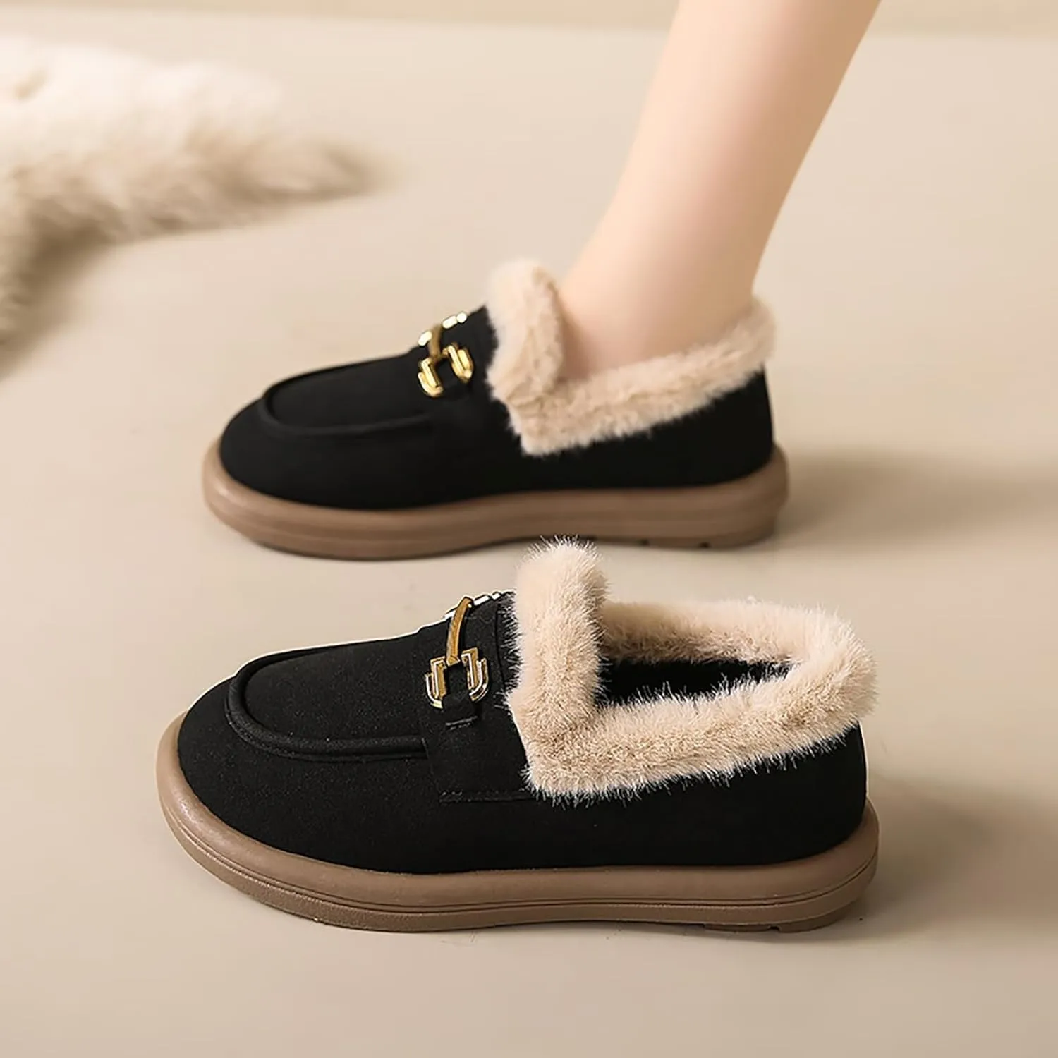 Sunporx Women's Moccasins Loafers Warm Plush Lining Moccasins Flat Driving Shoes Round Toe Comfortable Business Casual Work Shoes