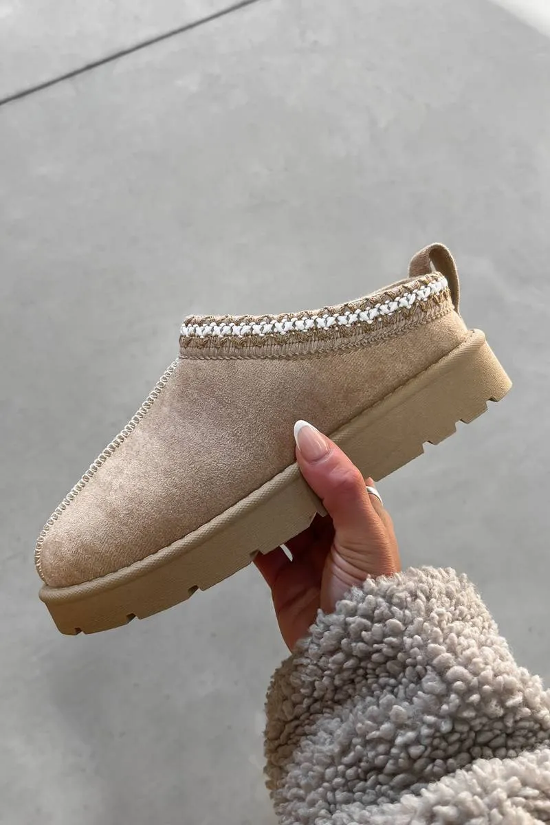 TALA Suede Embroidered Slippers - Beige