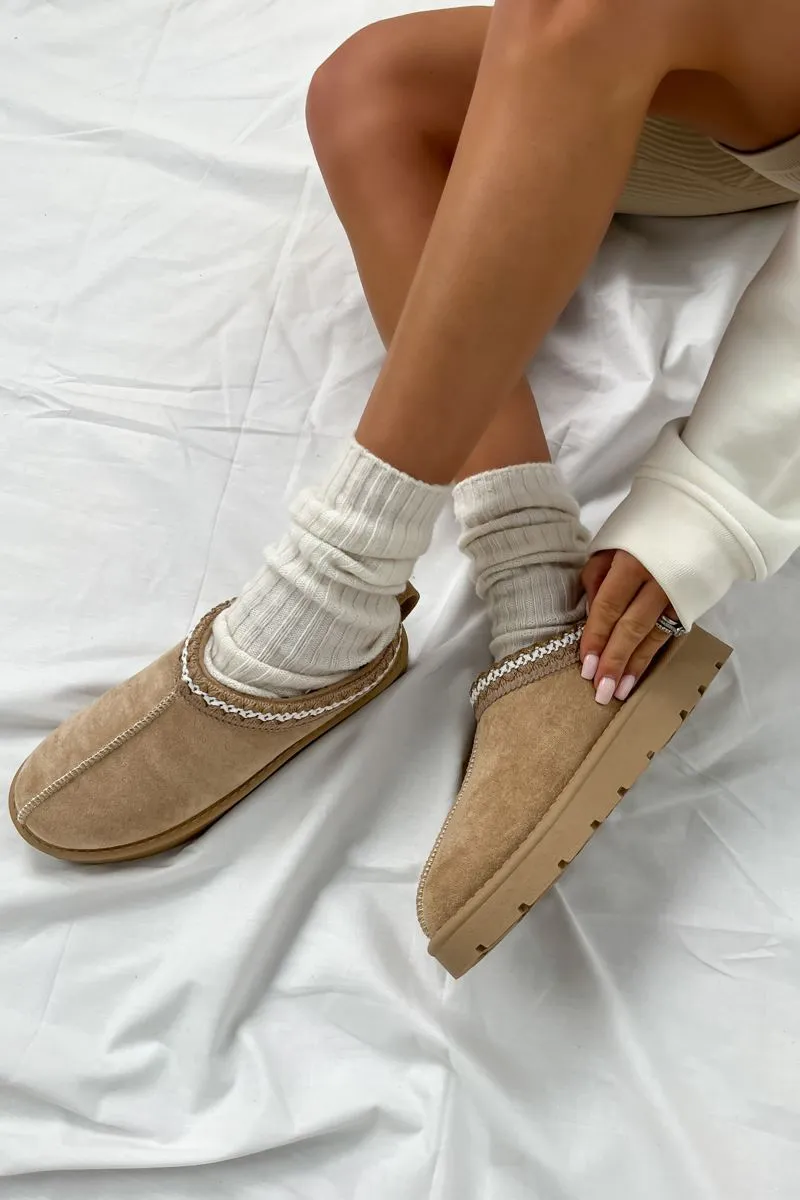 TALA Suede Embroidered Slippers - Beige