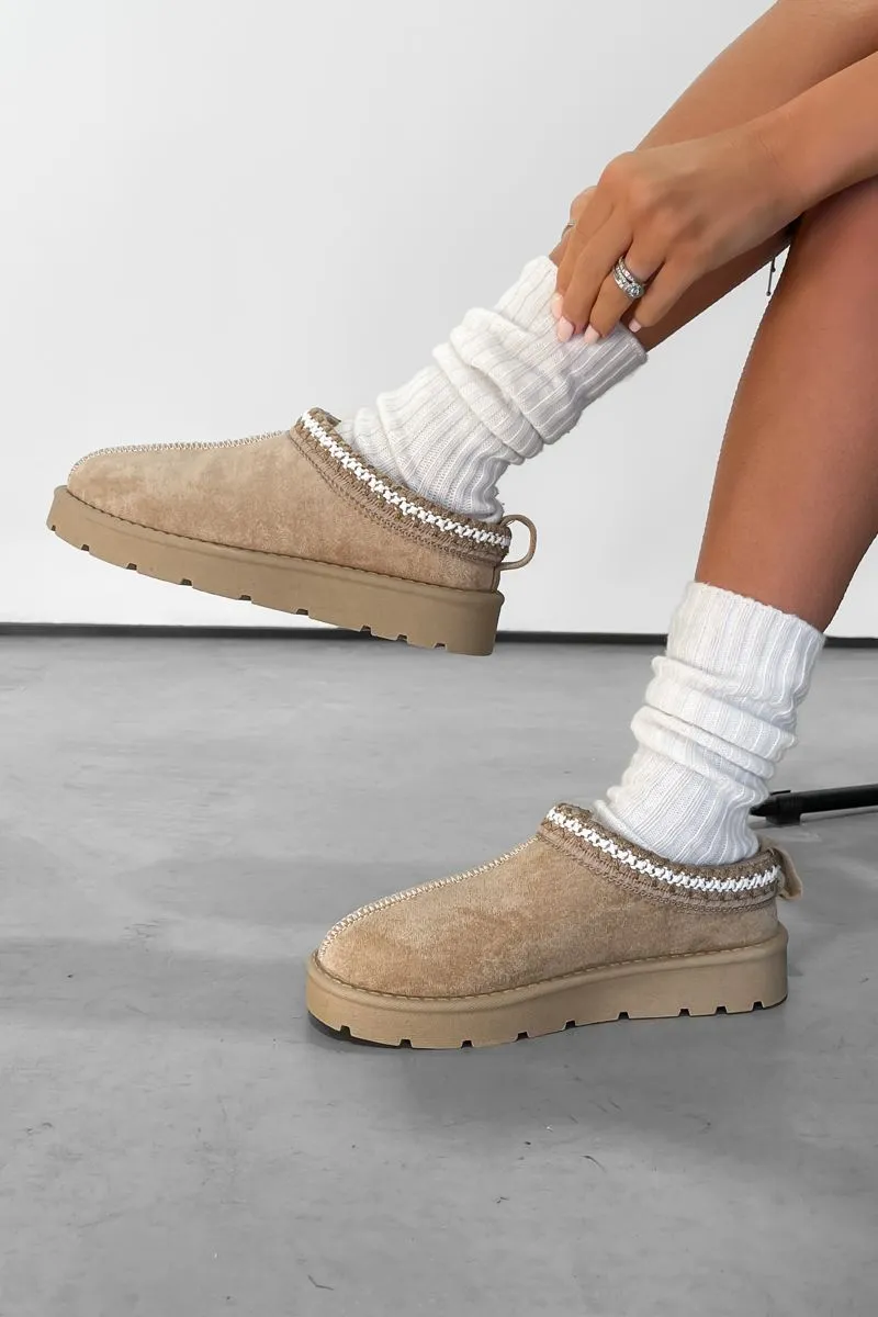 TALA Suede Embroidered Slippers - Beige