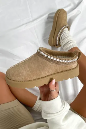 TALA Suede Embroidered Slippers - Beige