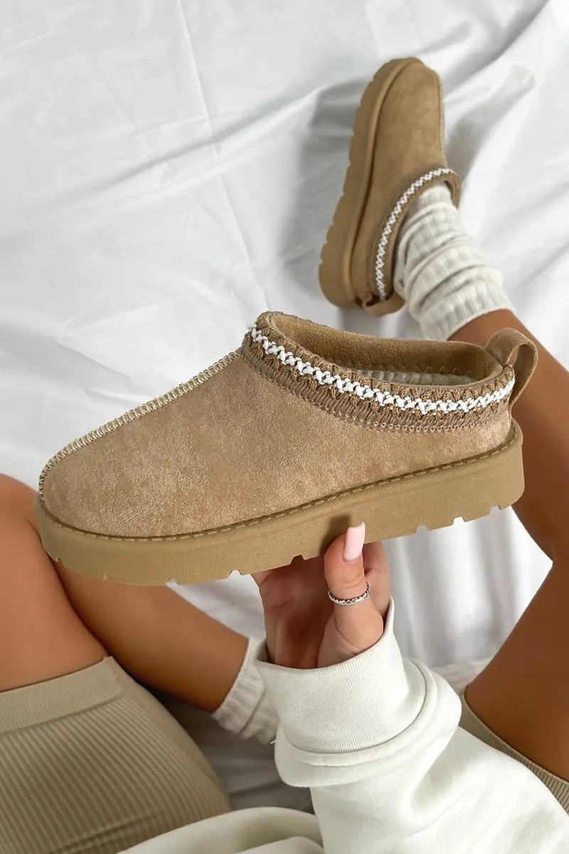TALA Suede Embroidered Slippers - Beige