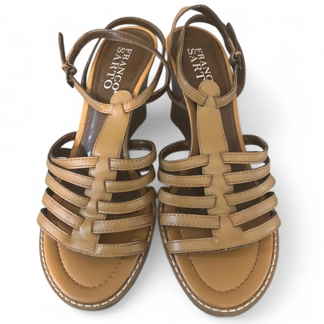 Tan Leather Strappy Wedge Sandals