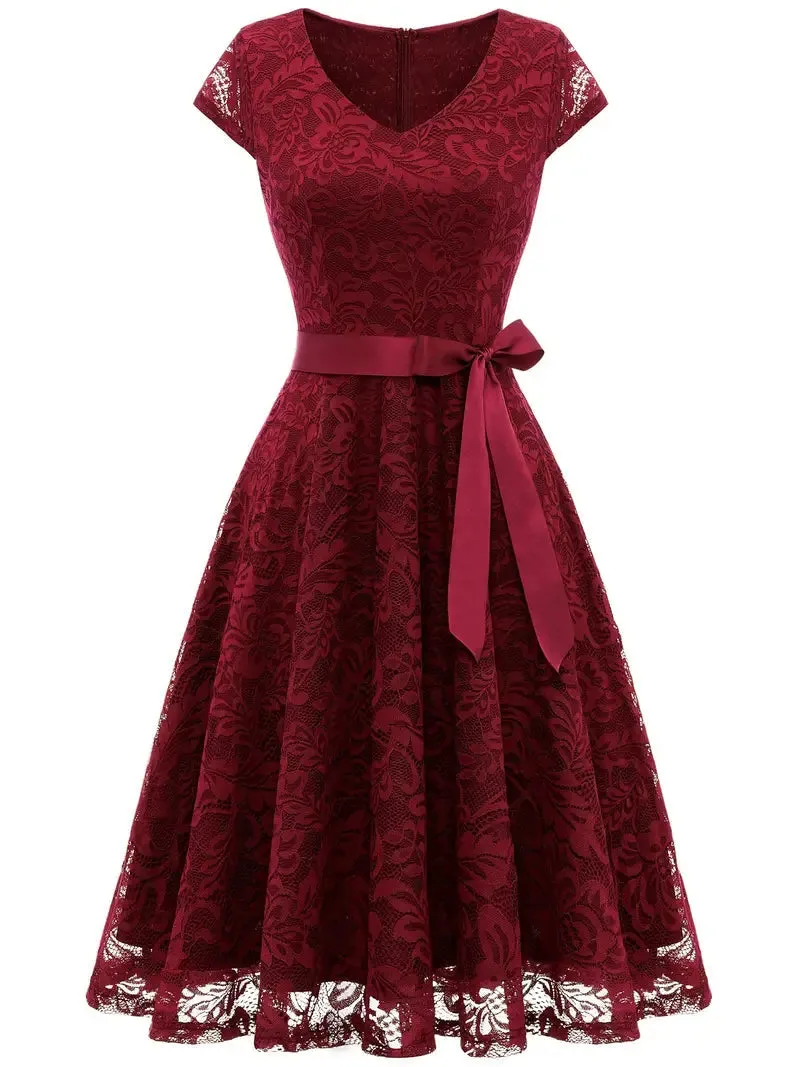 TastyHottie - Lace V Neck Short Sleeve A Line Party Dress